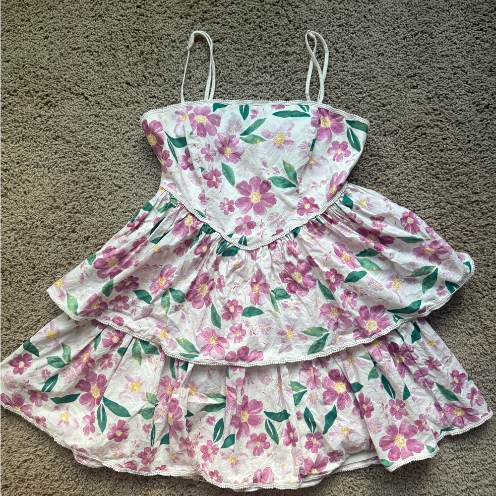 Altar'd State White Floral Tiered Mini Dress with Pink & Green Print